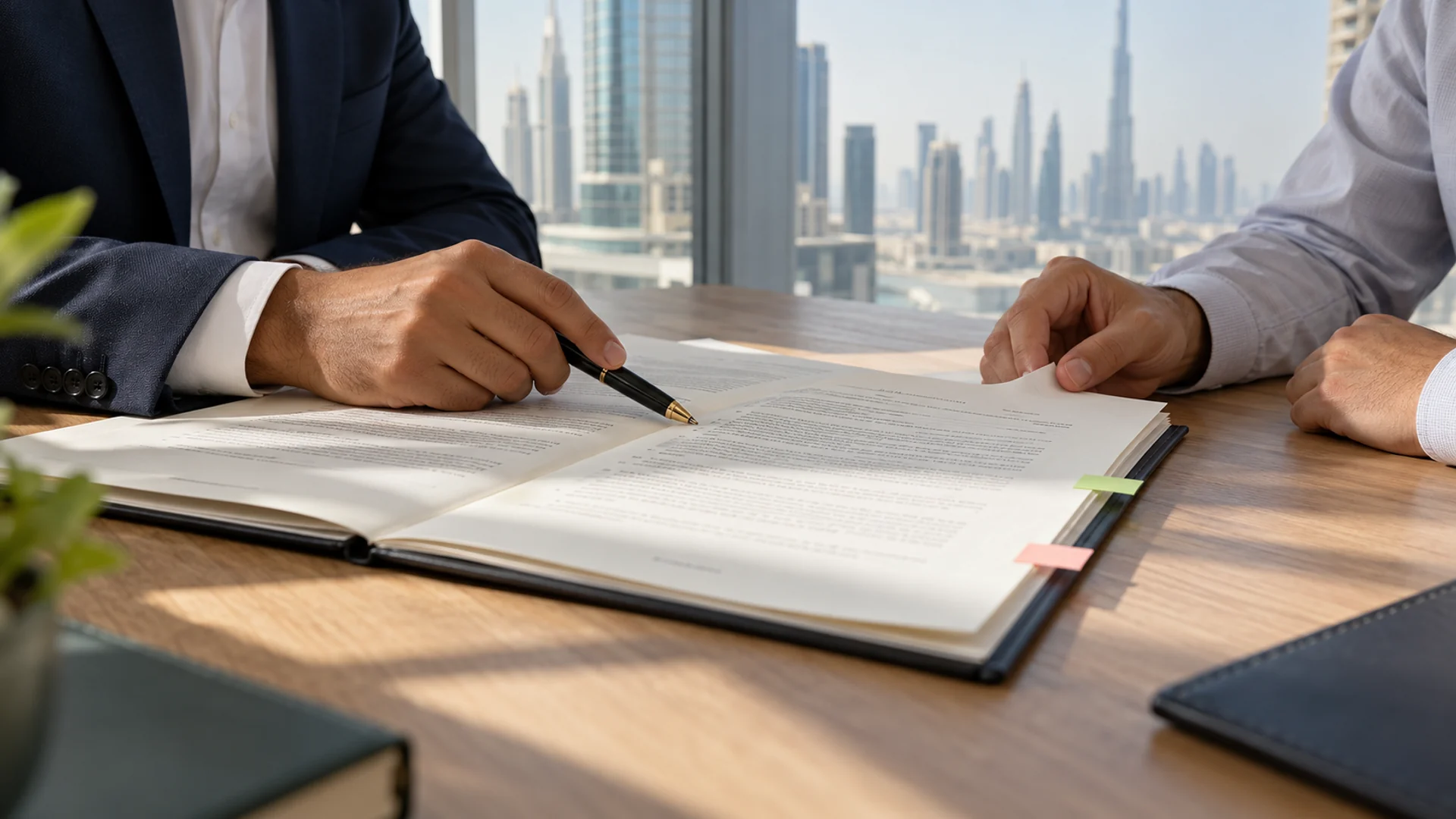 Two professionals reviewing an employment services agreement at a Dubai office table.