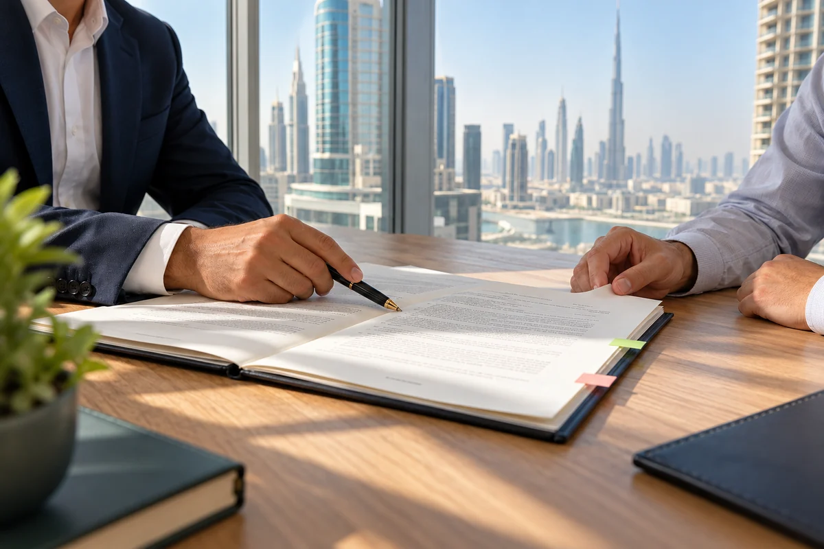 Two professionals reviewing an EOR agreement in Dubai