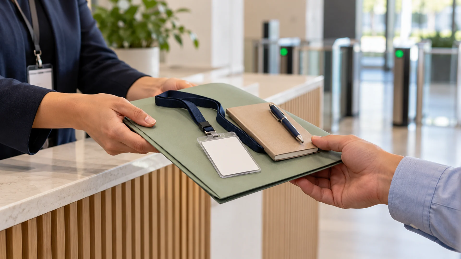 An HR colleague handing an onboarding folder and staff access card to a new starter.