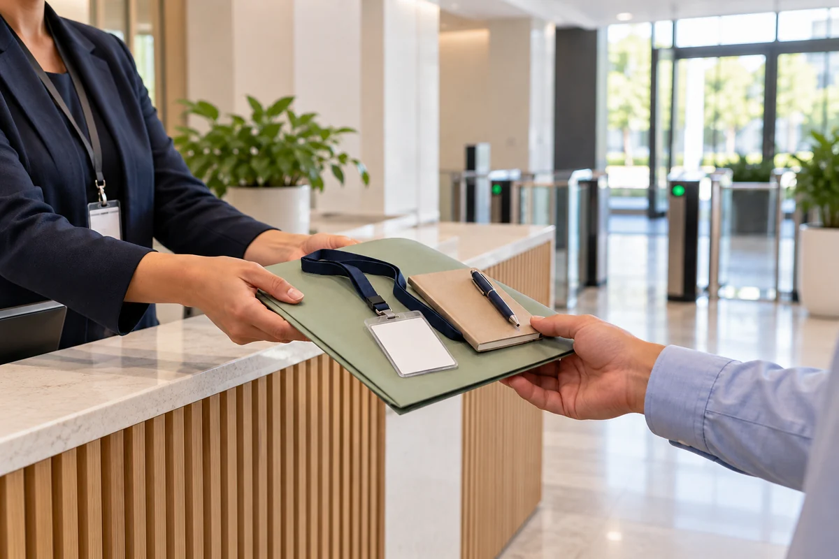 HR colleague welcoming a new starter with an onboarding folder