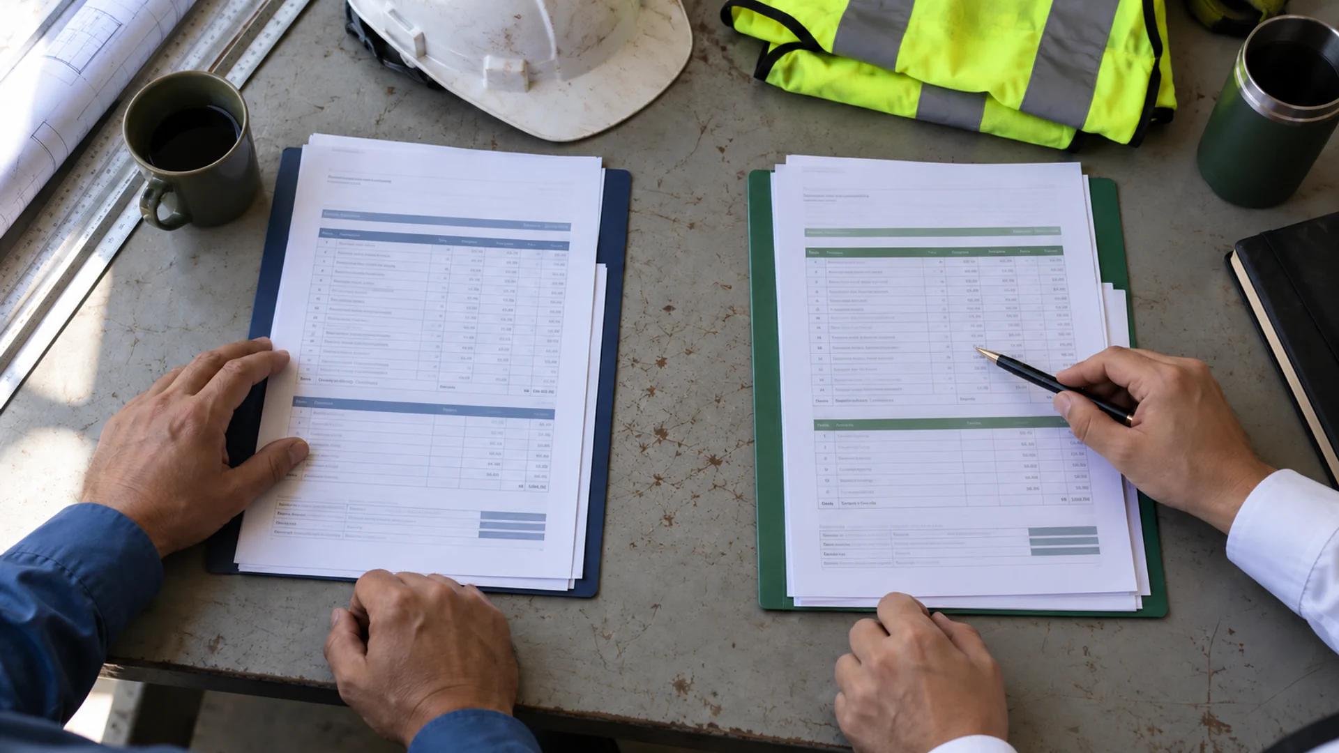 A facilities manager and procurement lead comparing two supplier proposals in a site office.