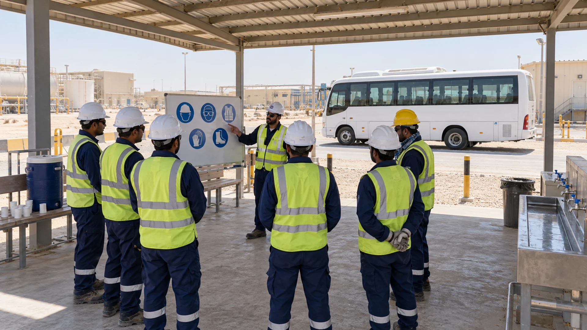 A site coordinator briefing a team under a shade canopy beside their staff bus at a Saudi project.