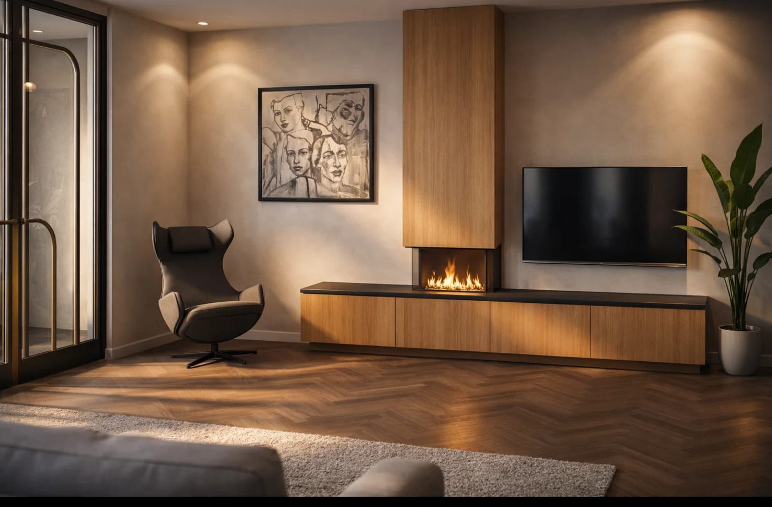 Moderne woonkamer met een zwart leunstoel, houten TV-meubel met ingebouwde gaskachel, wandgemonteerde tv en een grote groene plant.