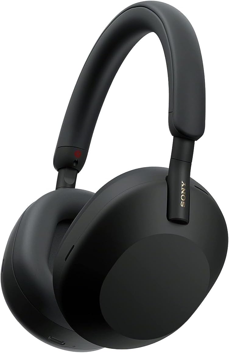 Sony WH-1000XM5 in black showing slim profile design with soft-touch finish