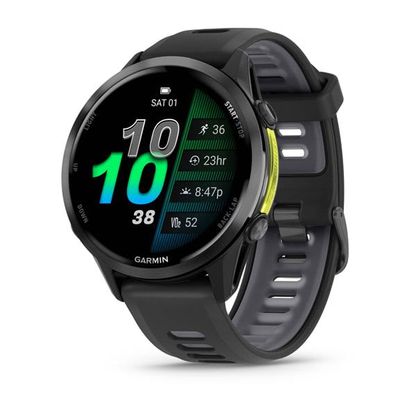 Garmin Forerunner 970 in Carbon Gray DLC Titanium showing the bright AMOLED display and sleek runner-focused design