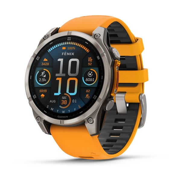 Garmin Fenix 8 47mm AMOLED in Sapphire Titanium with orange band showing the rugged outdoor-focused design