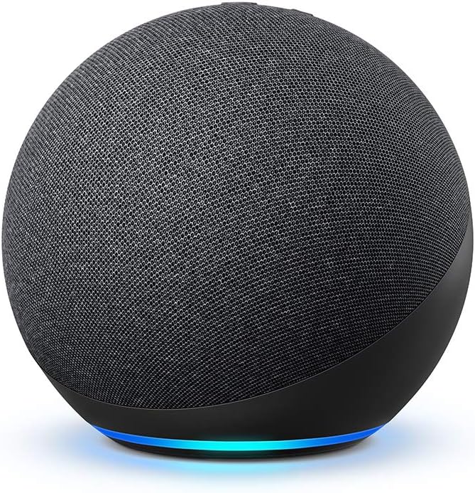 IMAGE_1: Amazon Echo 4th generation spherical smart speaker in charcoal color on white background