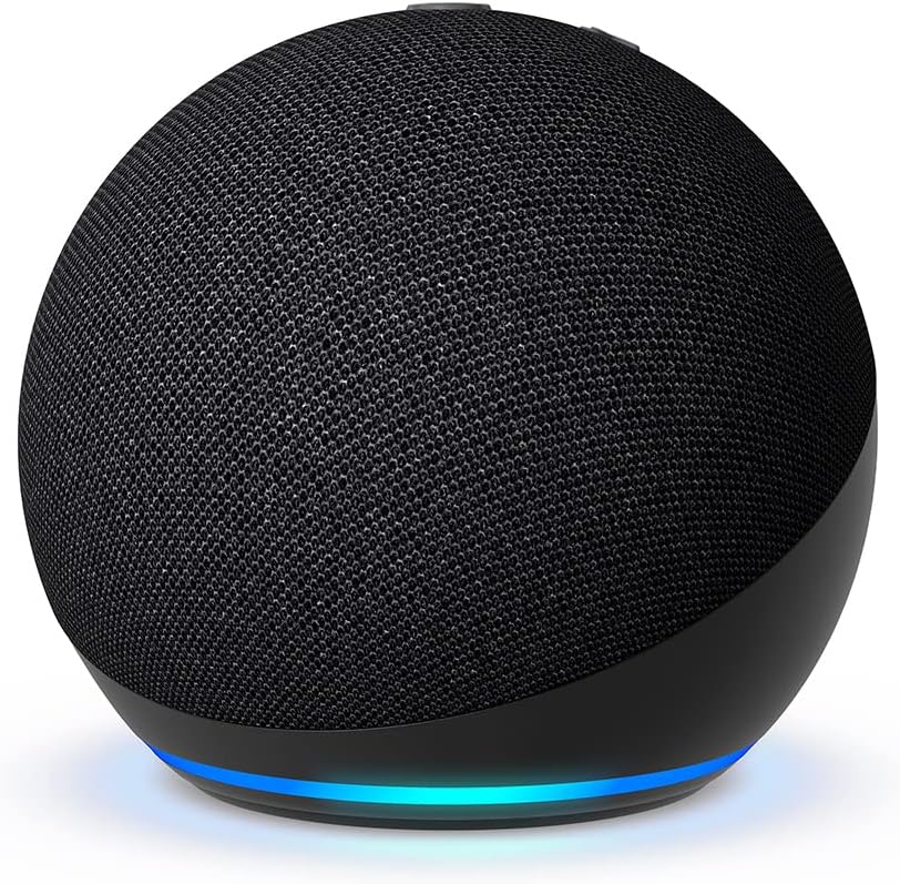 IMAGE_2: Amazon Echo Dot 5th generation spherical smart speaker in charcoal color on white background