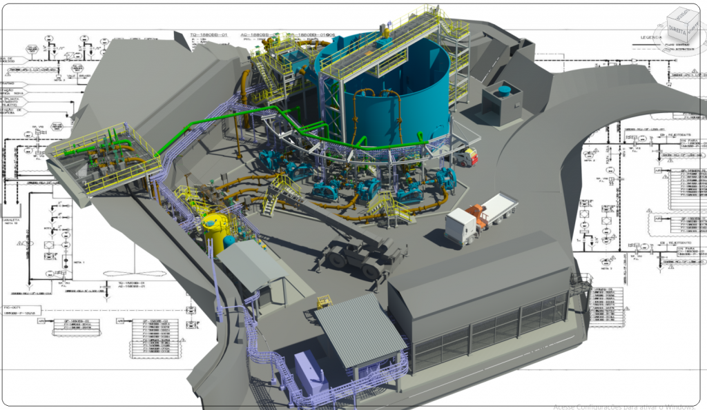 3D model of an industrial plant with large blue cylindrical tanks, yellow railings, pipes, vehicles, and detailed infrastructure over technical blueprints.