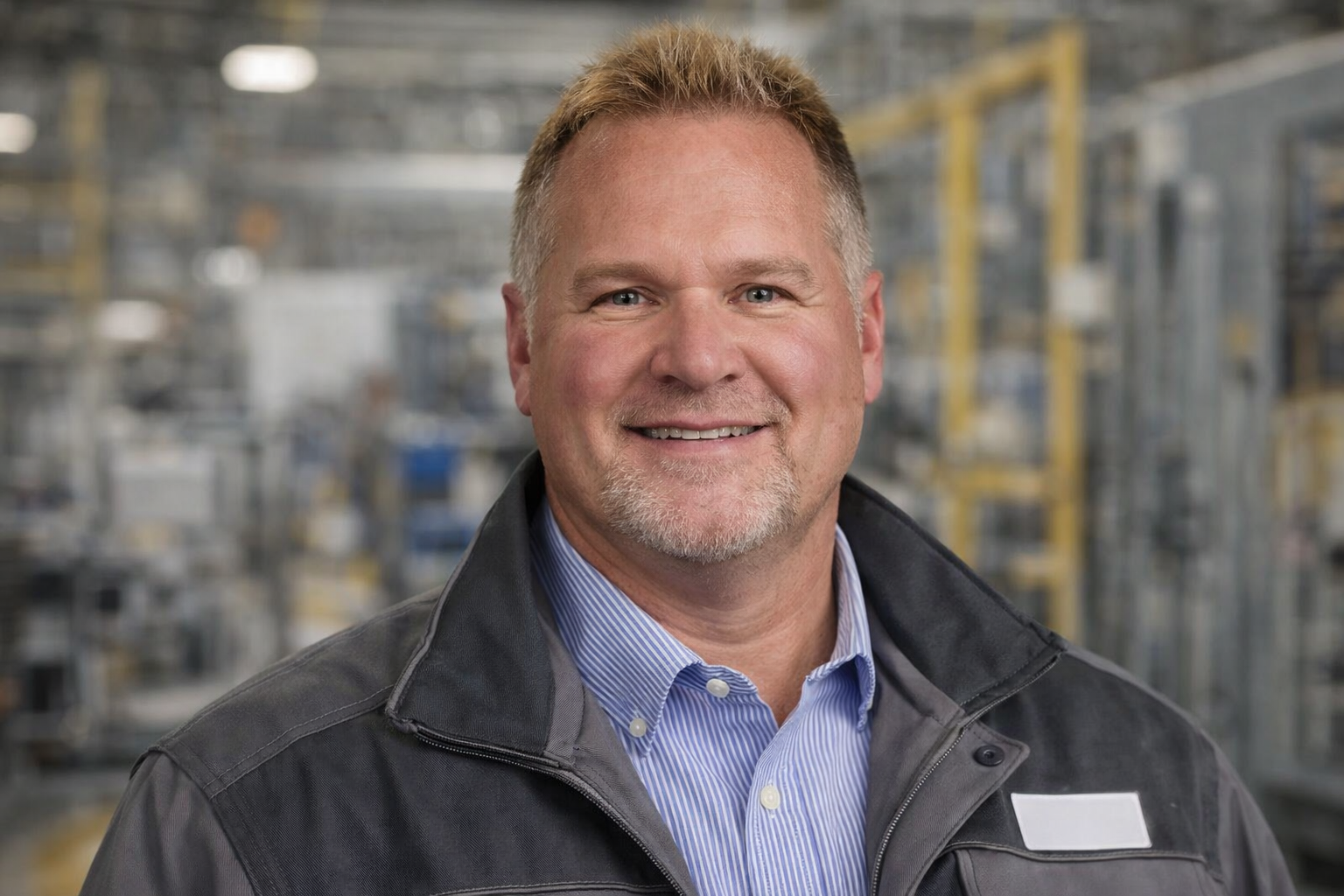 Middle-aged man with short blond hair and goatee smiling, wearing a blue striped shirt and dark jacket in an industrial setting.