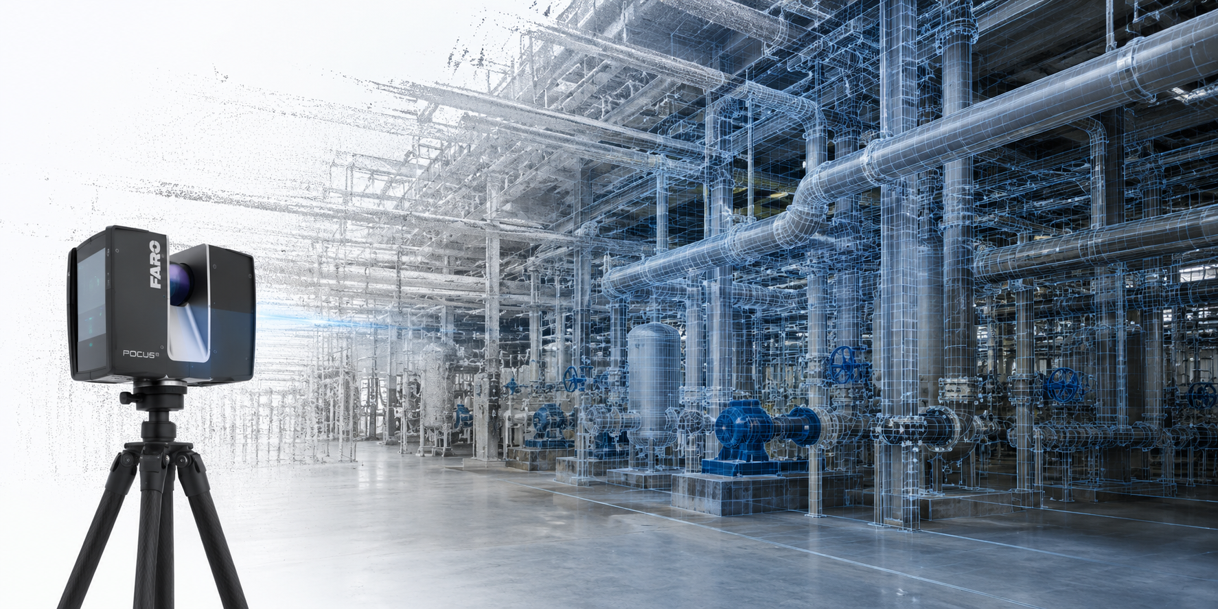 3D laser scanner on tripod capturing digital wireframe of industrial piping and machinery.