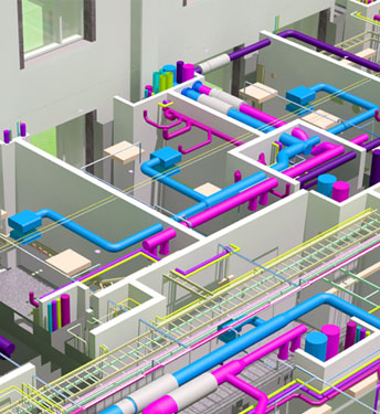 3D model of building interior showing colorful mechanical, electrical, and plumbing (MEP) piping systems.