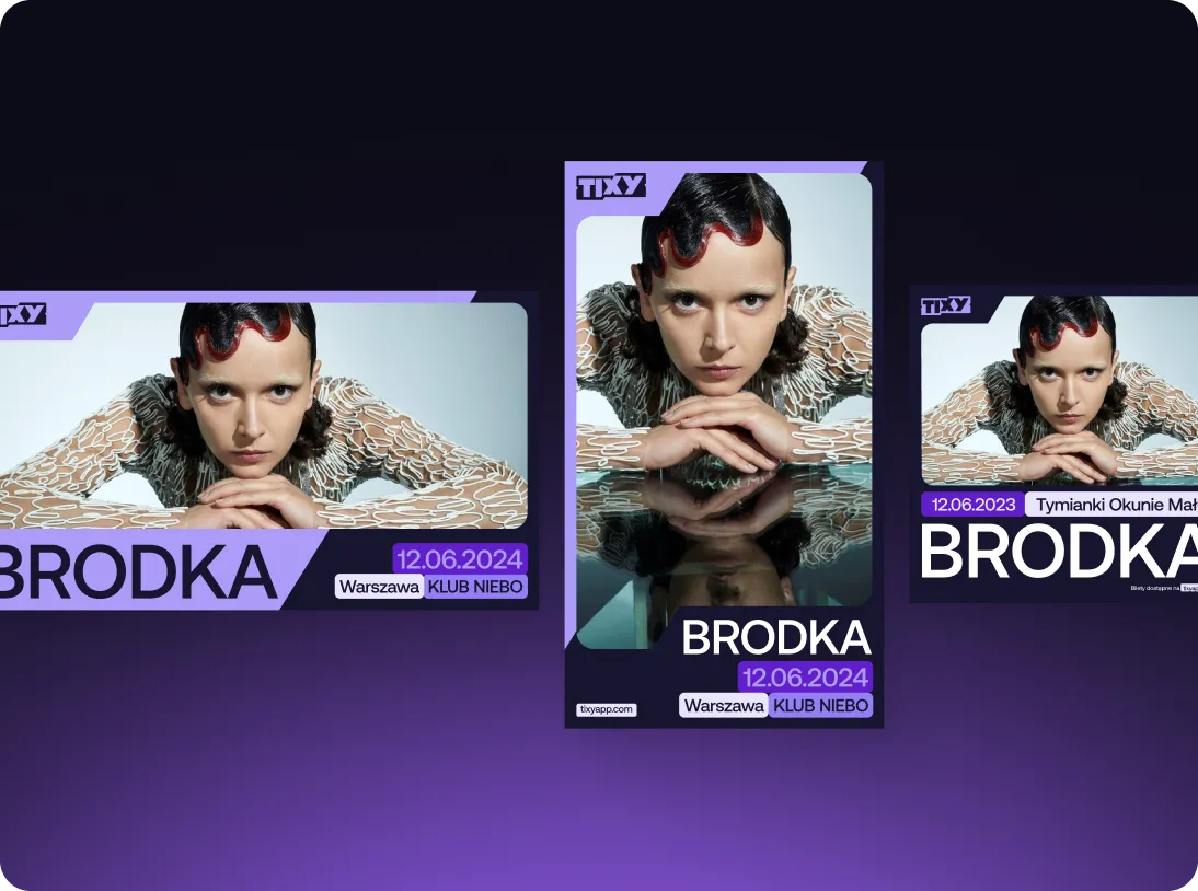 Three digital banners for a Brodka concert featuring a woman with short hair and red waves, wearing a white patterned top, with event details in purple and white text.