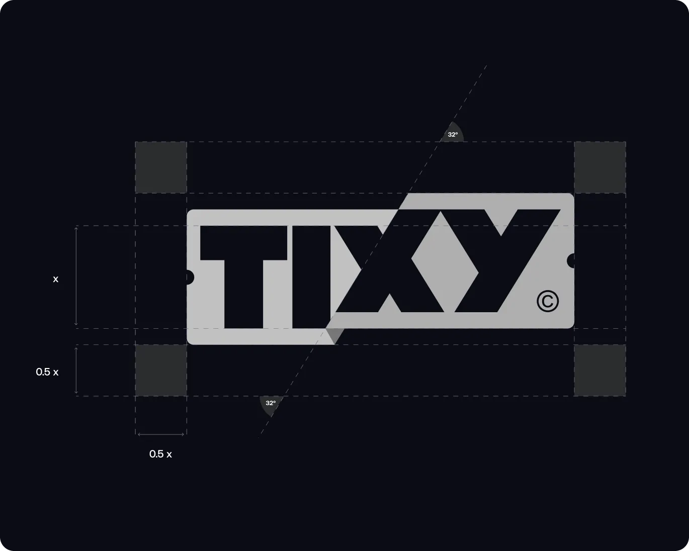 Black and gray logo with the text TIXY, surrounded by measurements and 32° angle indicators.