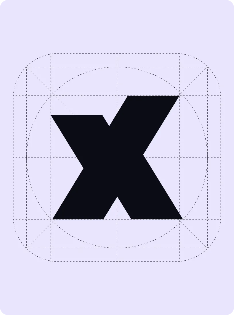 Bold black letter X centered on a light purple background with grid and circle guide lines.