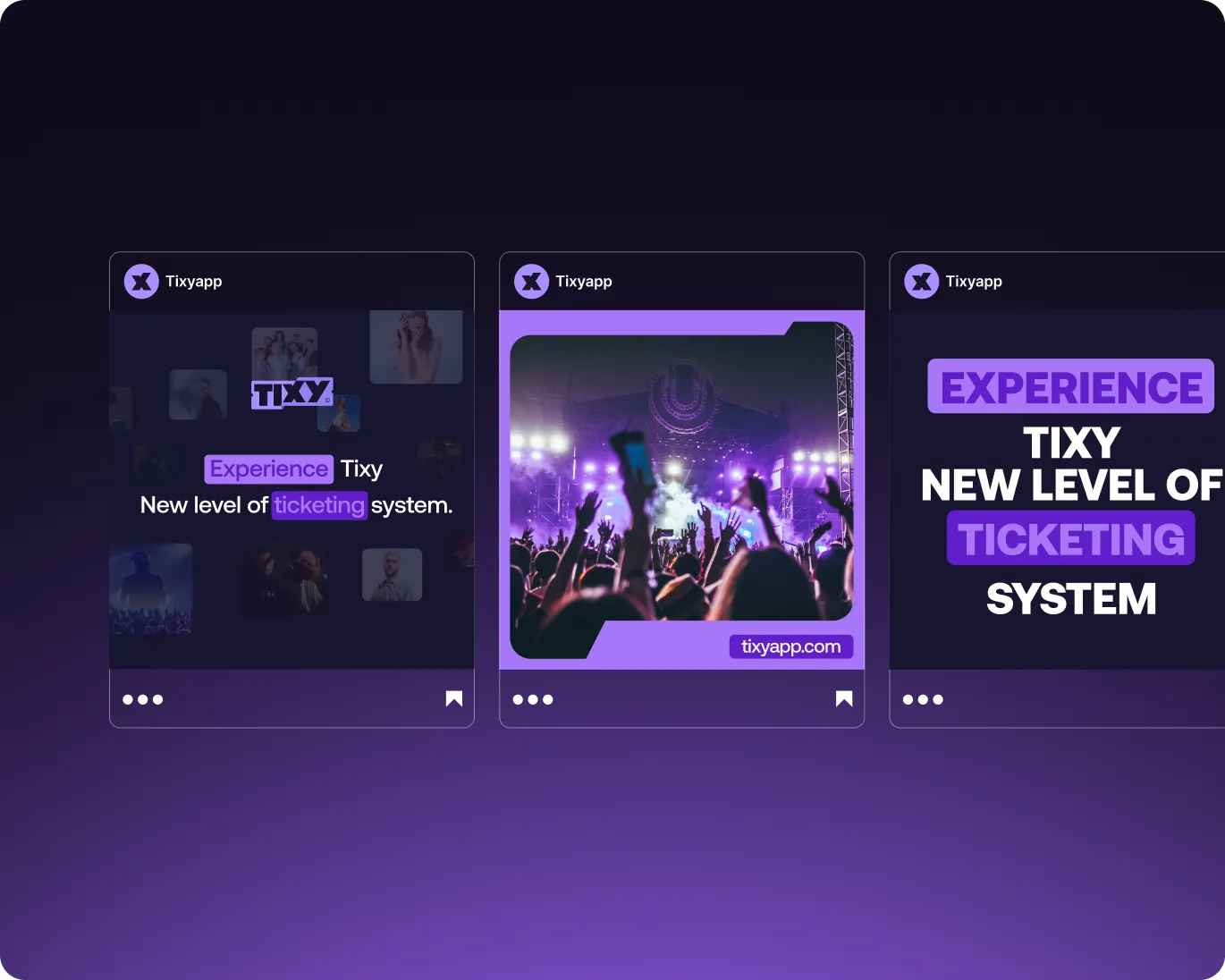 Three purple-toned digital cards from Tixyapp featuring concert crowd with raised hands, and text about experiencing a new level of ticketing system.