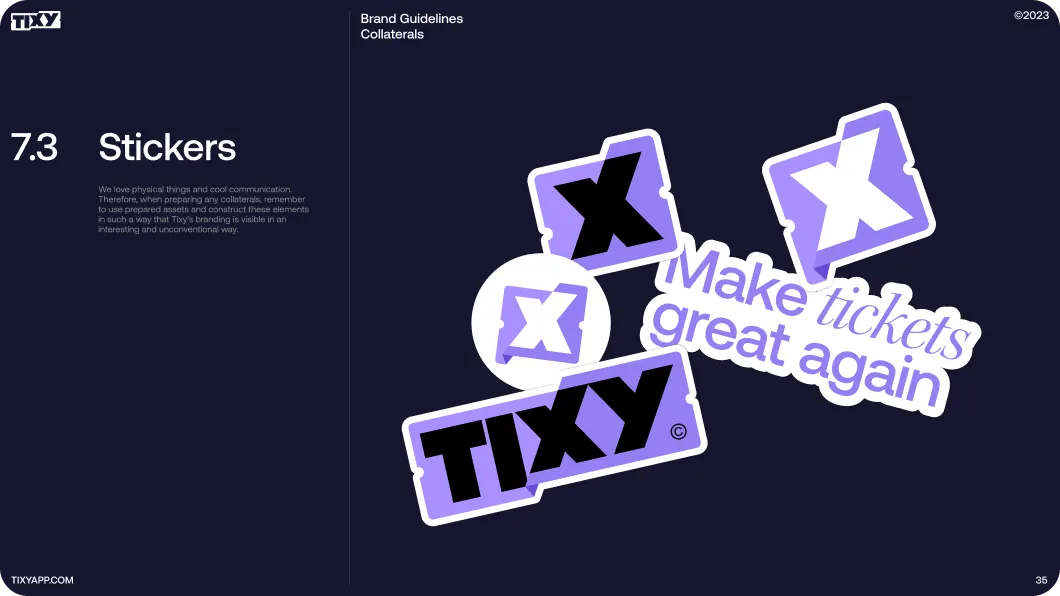 Tixy brand guideline slide showing various purple and black Tixy stickers and the phrase 'Make tickets great again' on a dark background.