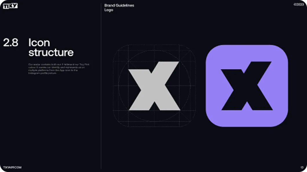 Tixy brand guidelines page showing icon structure with a grid layout for an 'X' icon and the finalized purple square icon with a black 'X'.