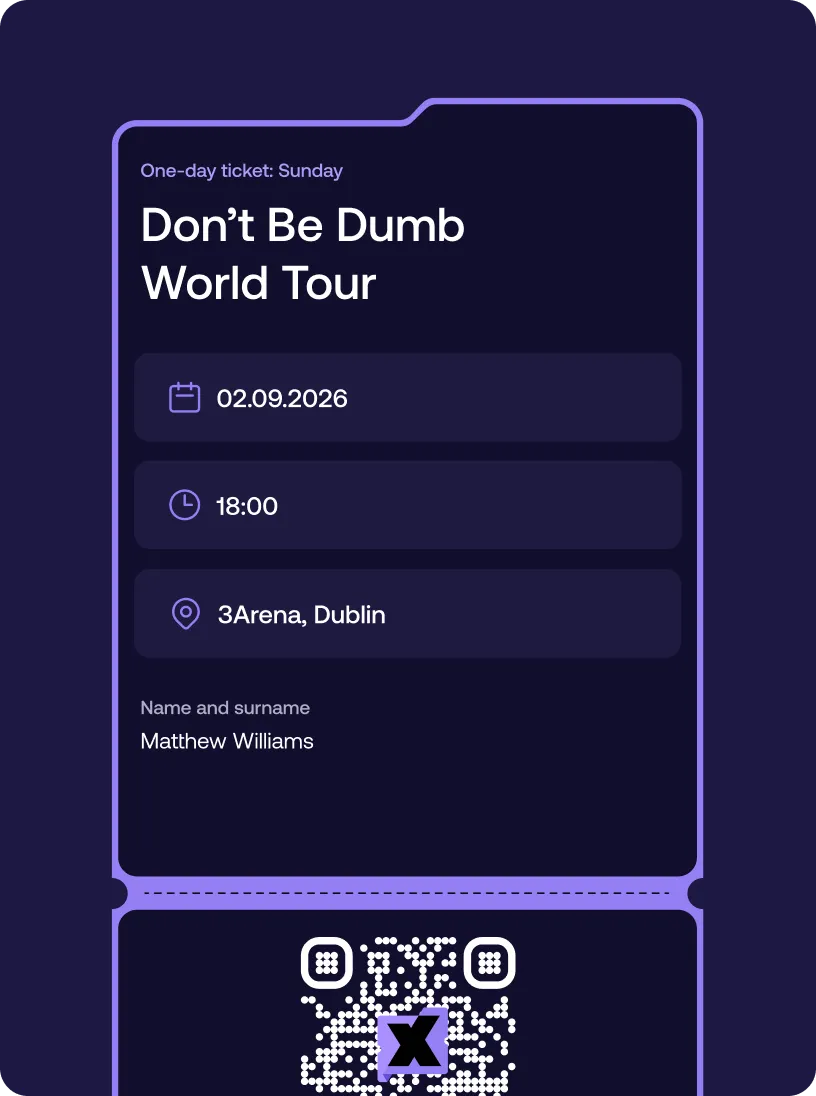 Concert ticket for Don’t Be Dumb World Tour on 02.09.2026 at 18:00, 3Arena Dublin, ticket holder Matthew Williams, with a QR code below.