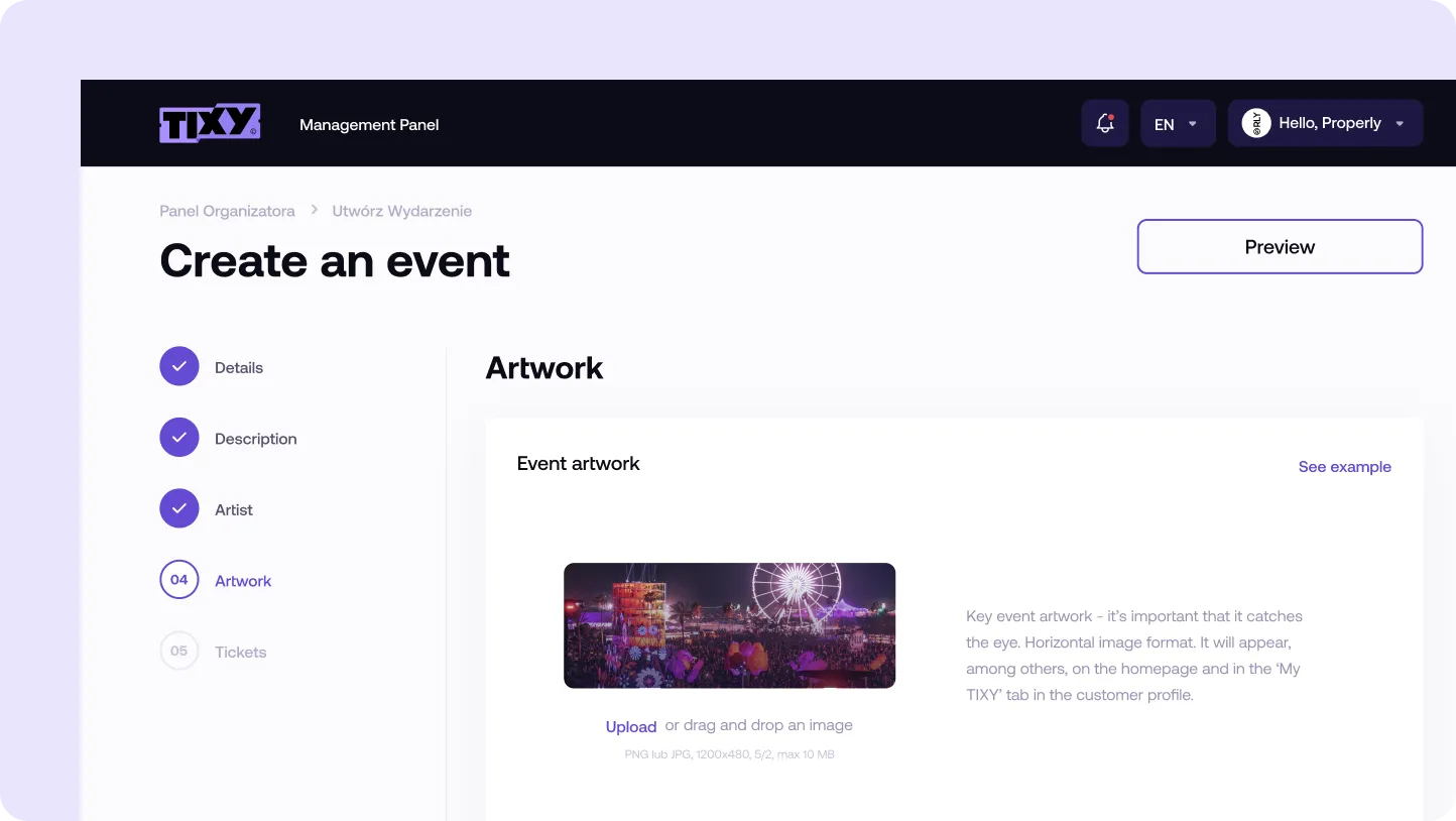Event management panel screen showing 'Create an event' step for uploading artwork with a preview of a night festival image featuring a ferris wheel and crowd.