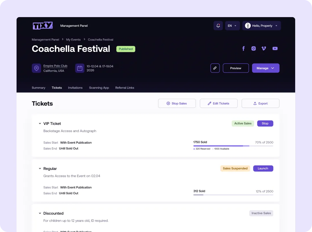 Event management panel for Coachella Festival showing tickets section with VIP, Regular, and Discounted ticket types and their sales status and controls.