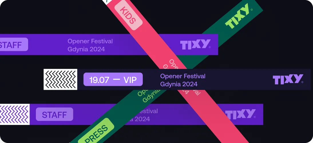 Colorful wristbands labeled Kids, Staff, Press, and VIP for Opener Festival Gdynia 2024 by Tixy on a dark background.