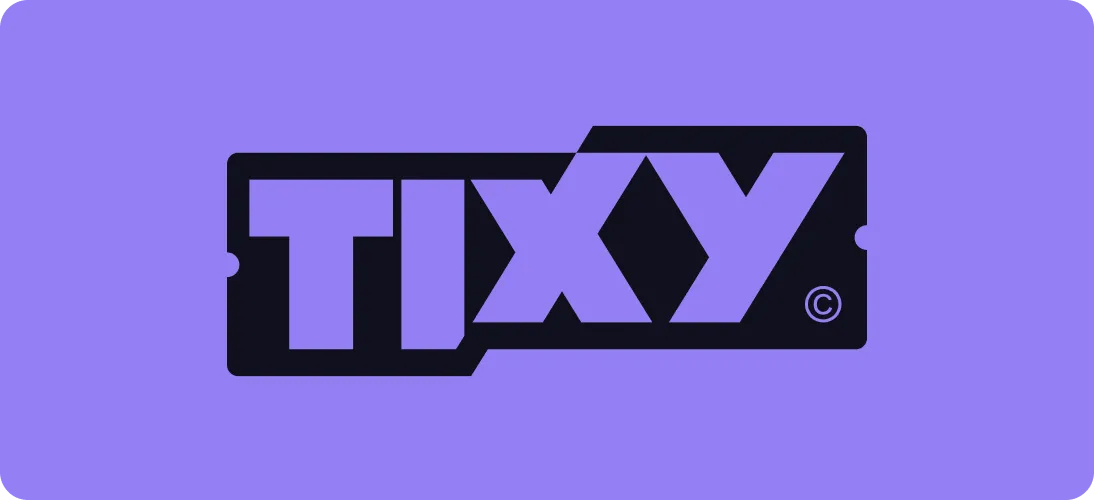 Black stylized ticket icon with the word 'TIXY' in bold letters on a purple background.