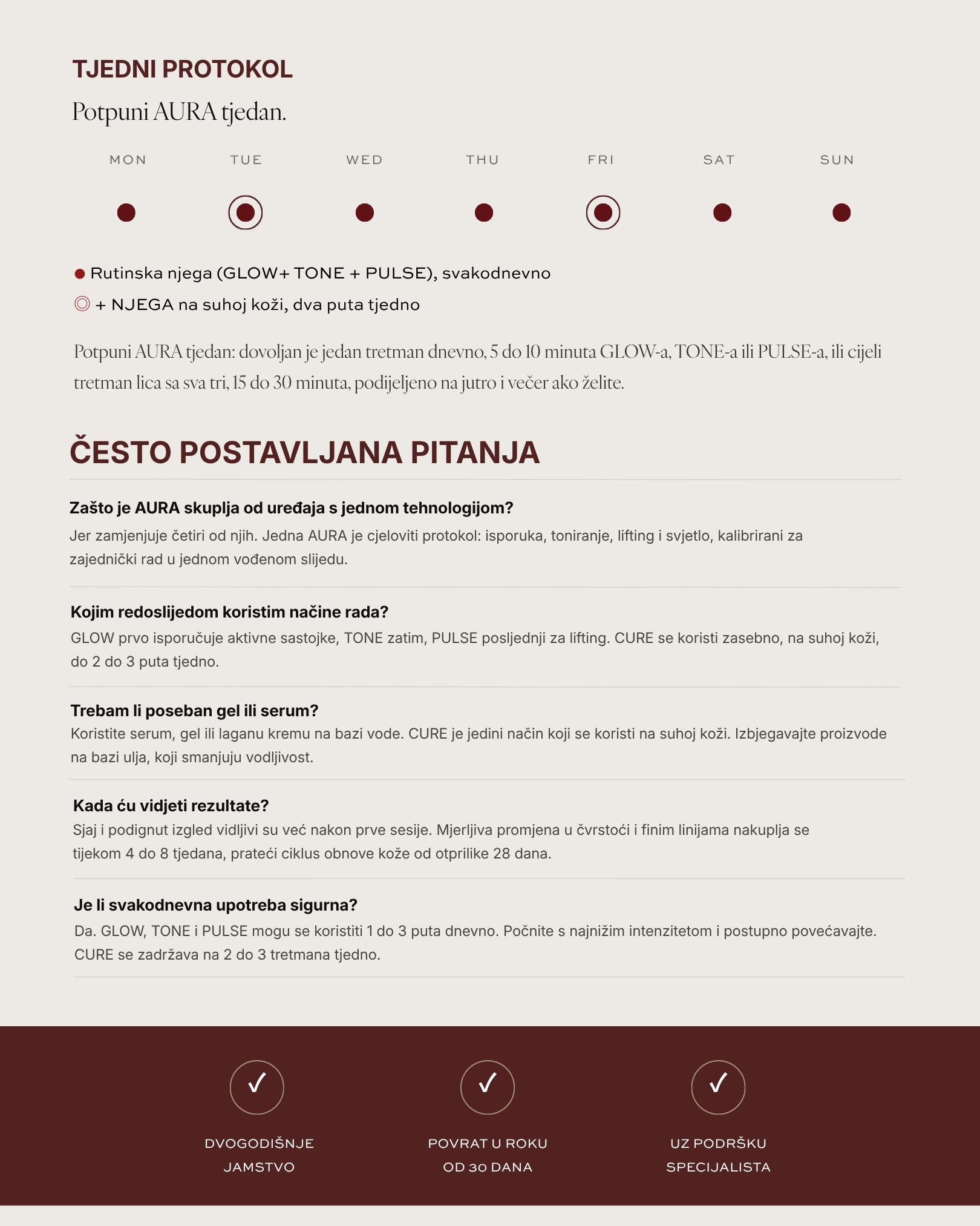 BEEA SKIN AURA tjedni protokol: svakodnevna rutina GLOW-TONE-PULSE i CURE 2-3x tjedno na suhoj koži, uz odgovore na najčešća pitanja o redoslijedu i rezultatima.