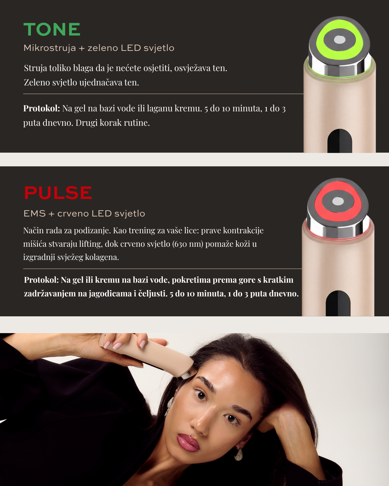 BEEA SKIN AURA – TONE način (mikrostruja + zeleno LED) za ujednačen ten kože i PULSE način (EMS + crveno LED) za lifting lica i poticanje kolagena.