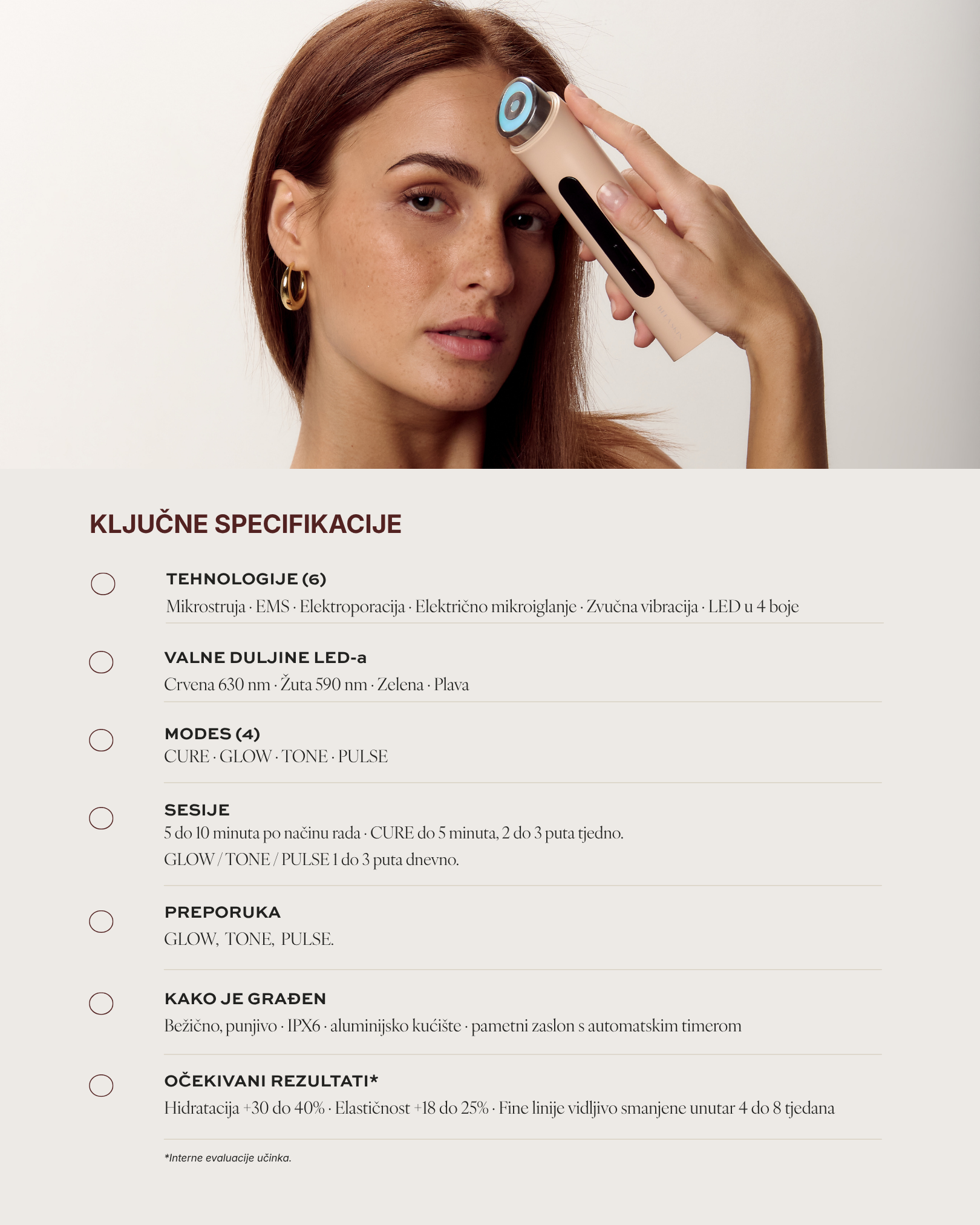 BEEA SKIN AURA ključne specifikacije: 6 tehnologija (mikrostruja, EMS, elektroporacija, mikroigličanje, zvučna vibracija, LED), 4 načina rada, bežično, IPX6 vodootporno.