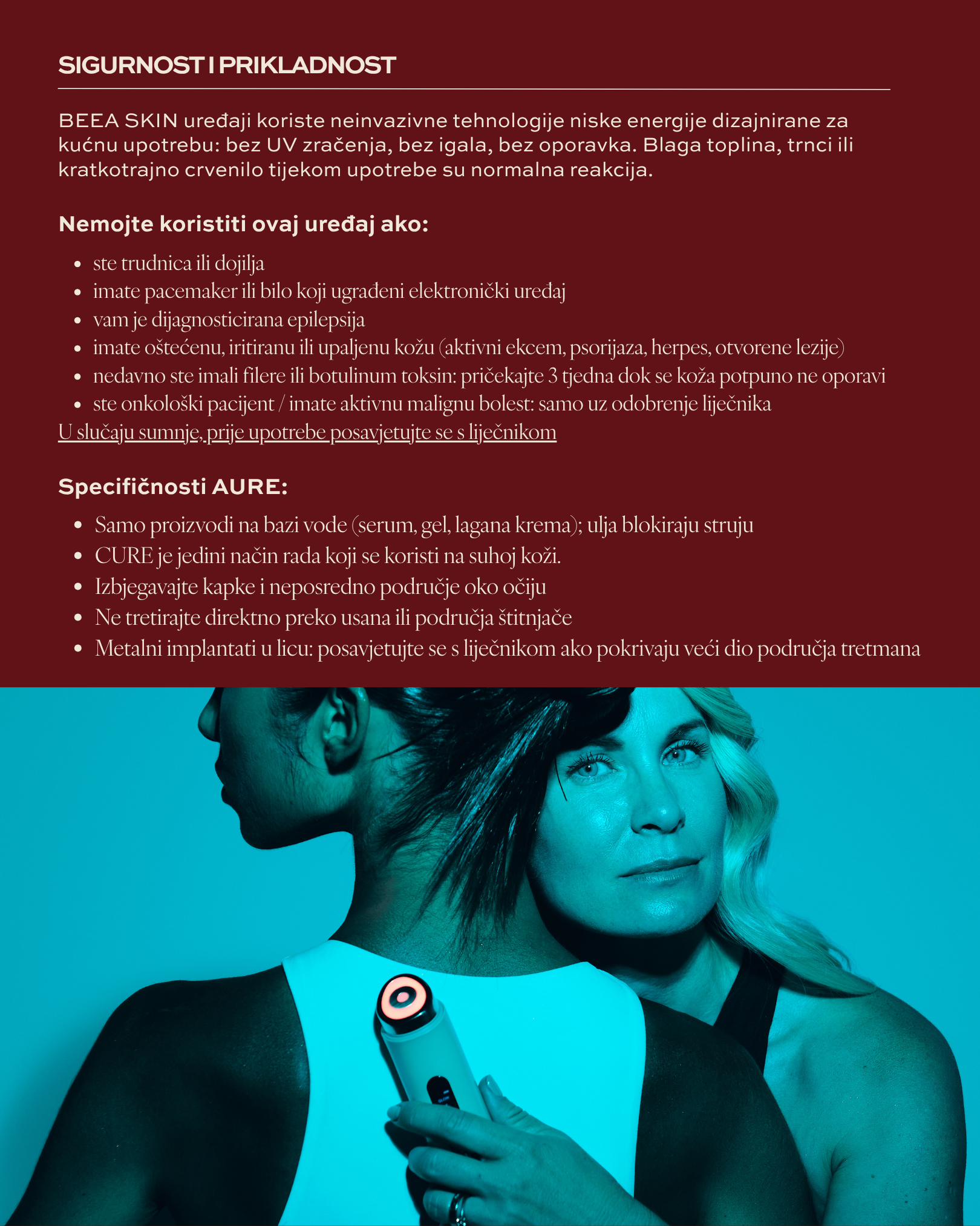 BEEA SKIN AURA sigurnosne upute i kontraindikacije: neinvazivna tehnologija bez igala, savjeti za trudnice, pacemaker i osjetljivu kožu prije korištenja.