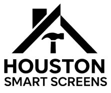 Houston Smart Screens logo with a hammer and roof design.