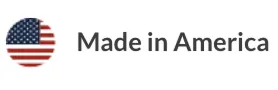 Circle with American flag and text "Made in America."