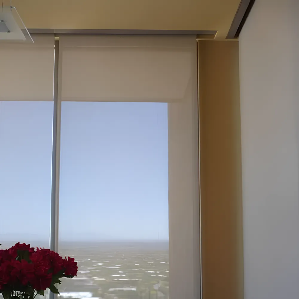 Interior view showcasing motorized window shades with Las Vegas skyline in background.