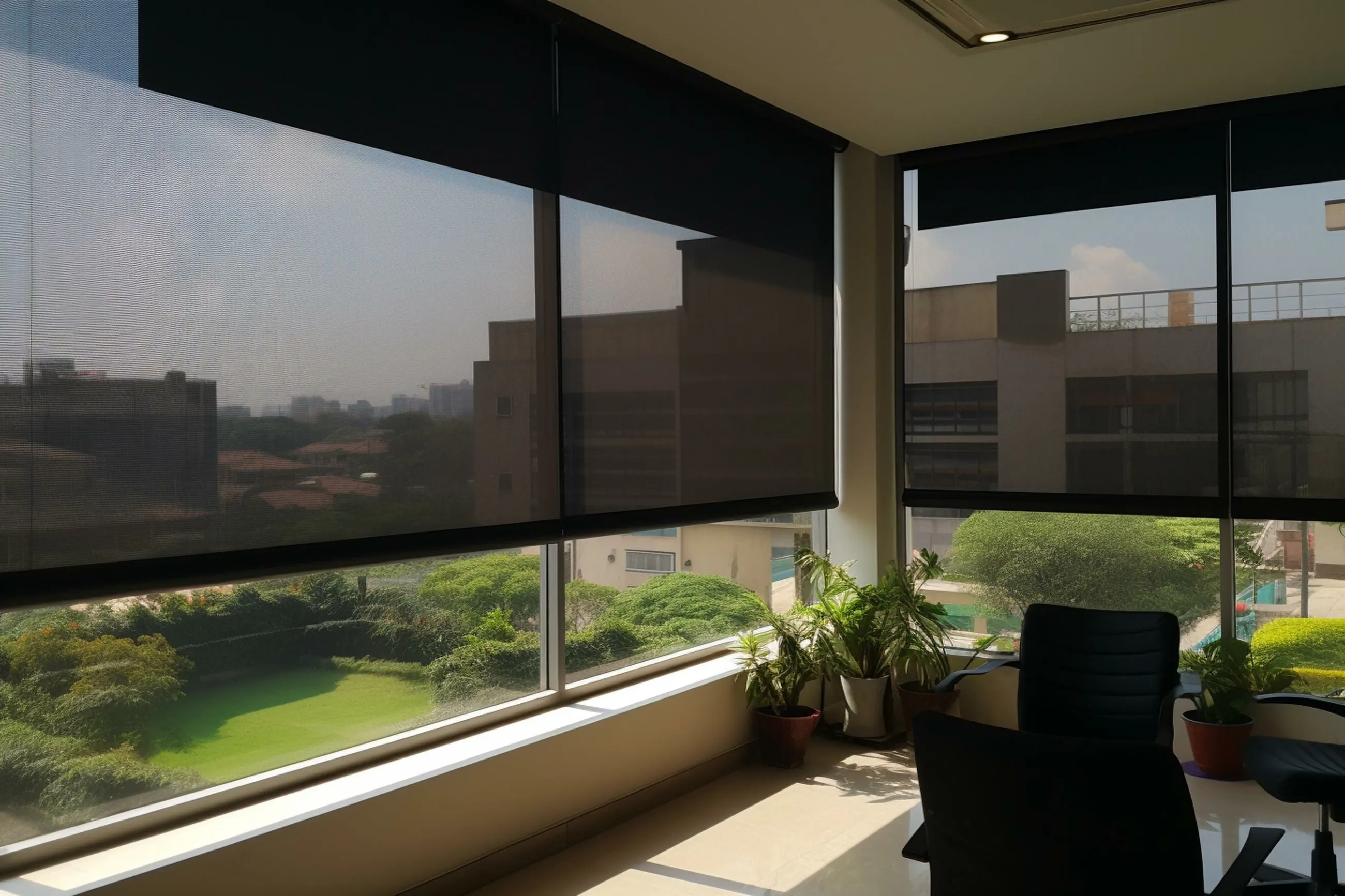 Modern office corner with large windows partially covered by black roller blinds, overlooking greenery and nearby buildings.