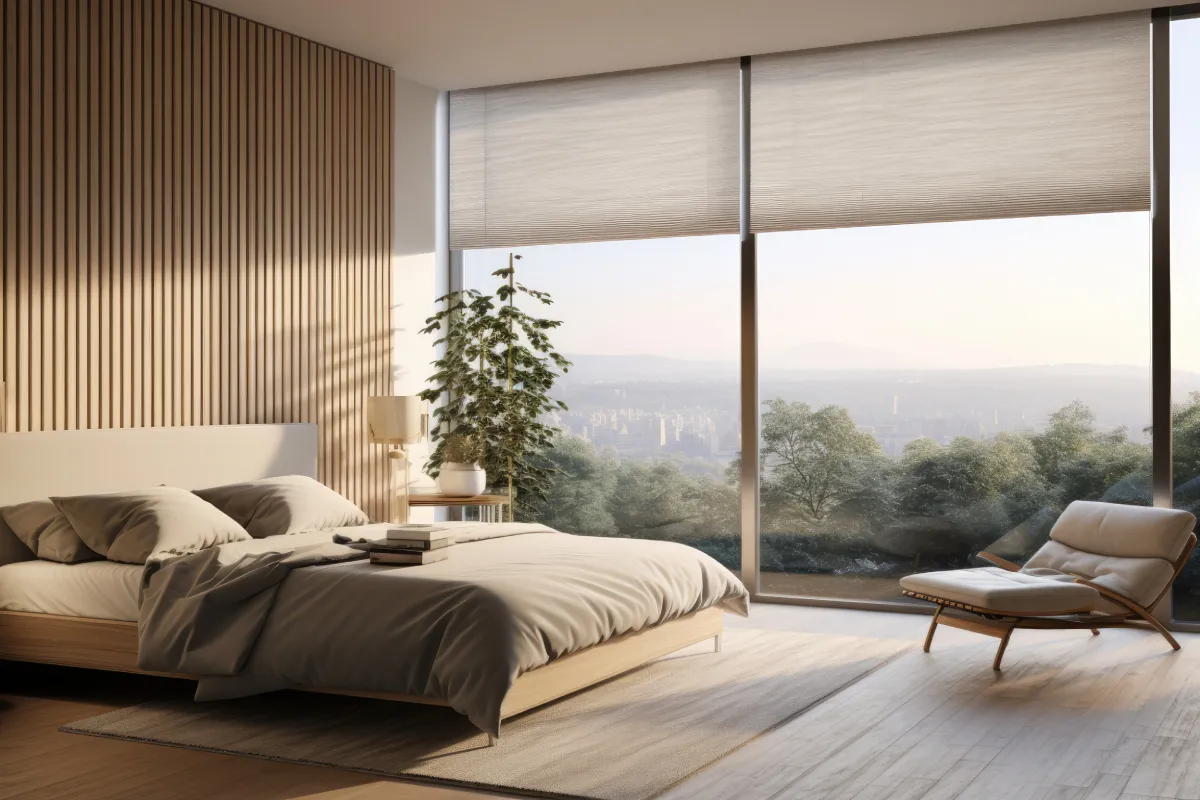 Modern bedroom with beige bedding, wooden bed frame, a potted plant, and a lounge chair near large windows with partially lowered roller shades overlooking a scenic view.