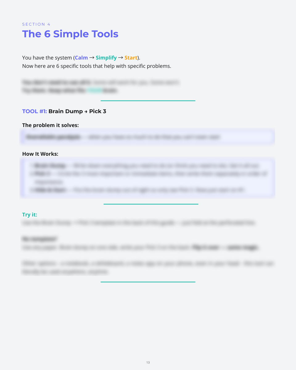 Section titled 'The 6 Simple Tools' explaining 'Tool #1: Brain Dump → Pick 3' with details on the problem it solves and how it works.