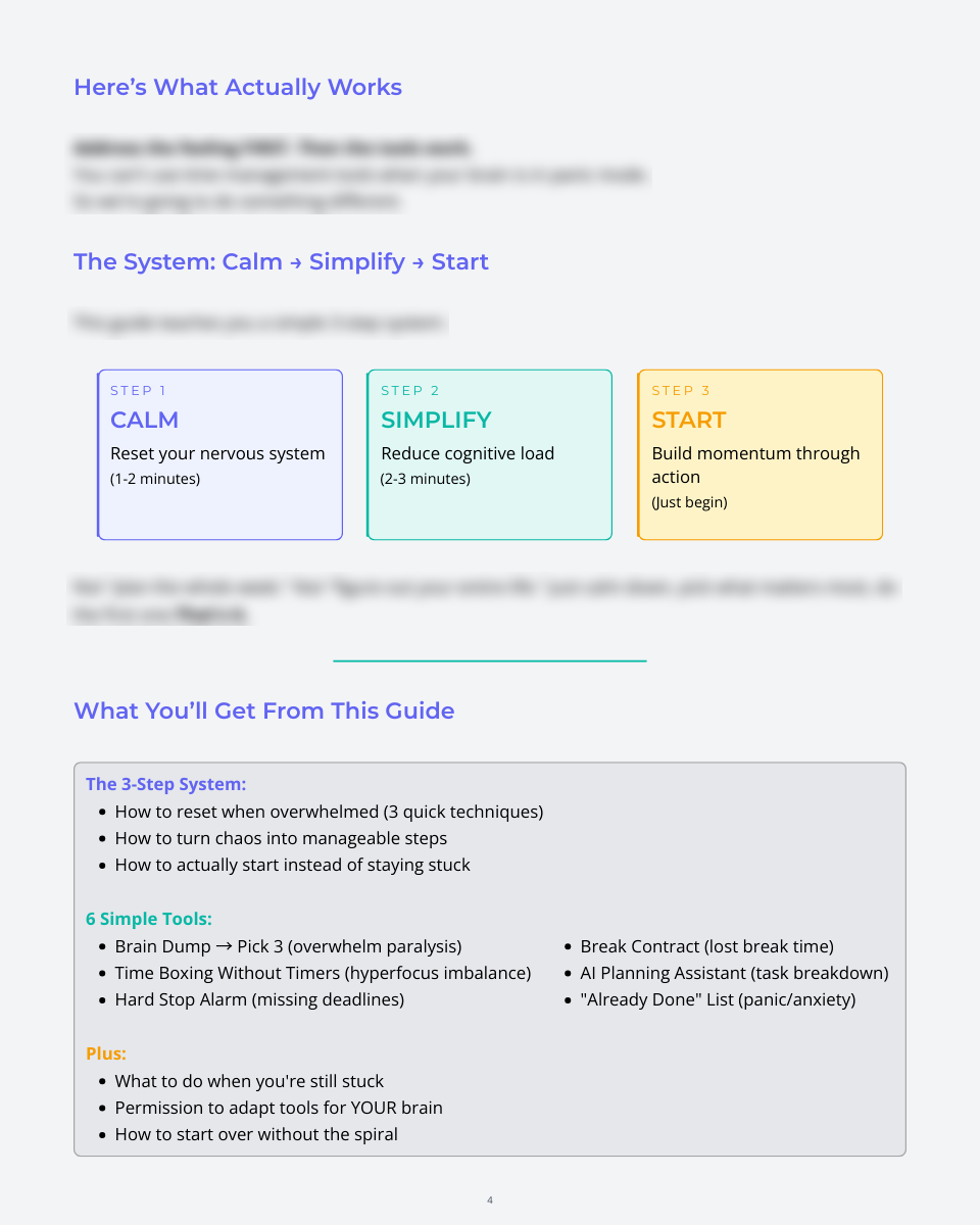 Three-step system to overcome overwhelm with steps: Calm—reset nervous system (1-2 minutes), Simplify—reduce cognitive load (2-3 minutes), Start—build momentum through action (just begin). Guide features tools for resetting, managing chaos, starting, and adapting thinking.