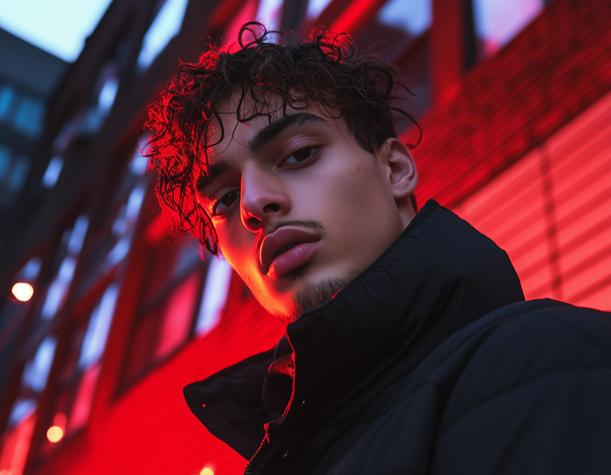Close-up of a young man with curly hair illuminated by red light, wearing a black jacket against an urban background.