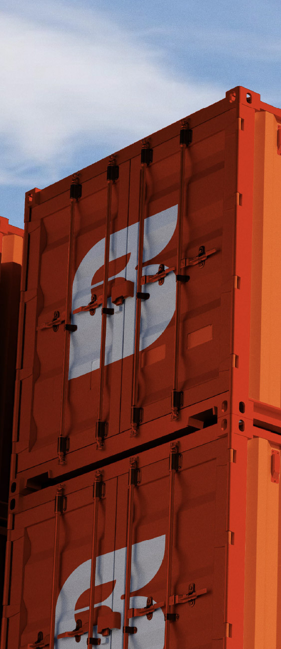 Stacked red shipping containers with white logos featuring a stylized letter 'E' under a partly cloudy blue sky.