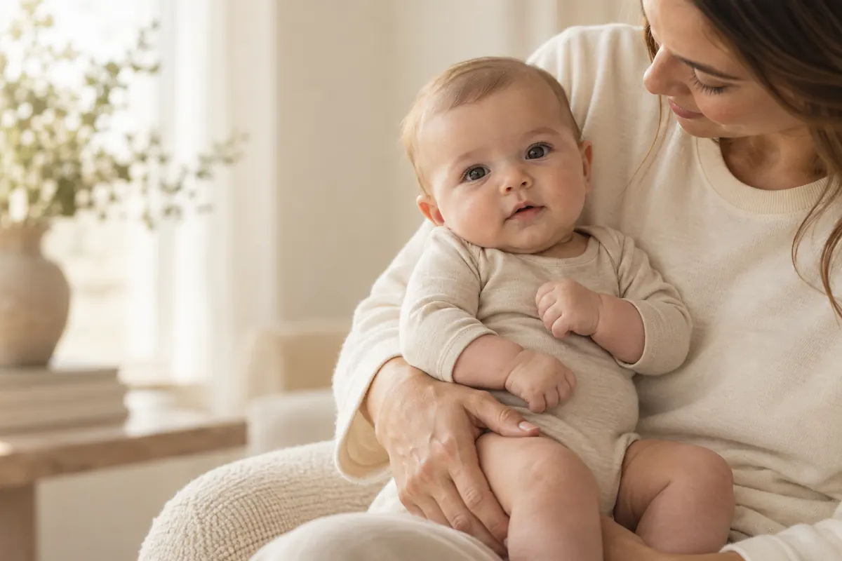 A parent holding an infant, both dressed in soft neutral cotton.