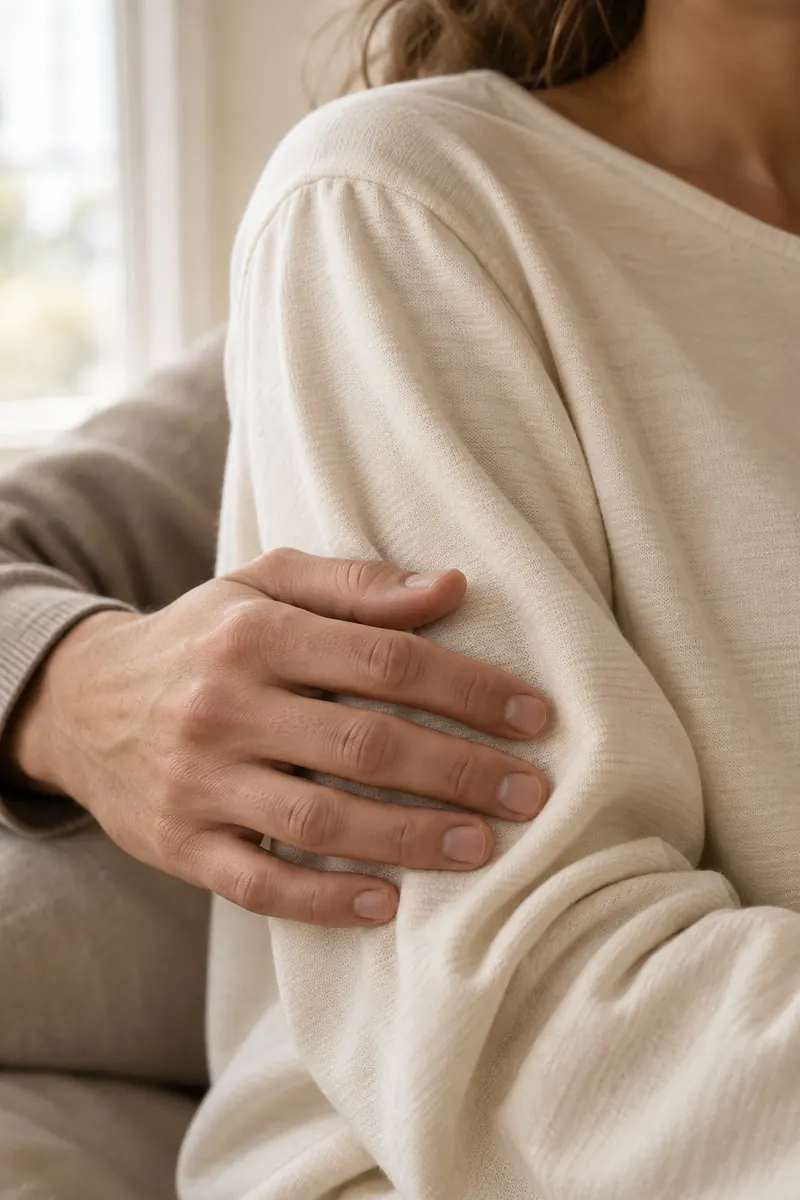 A hand resting on the sleeve of an ivory cotton knit top.
