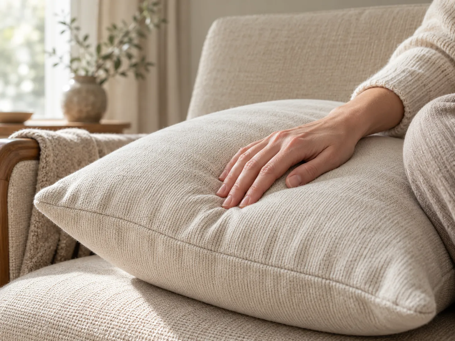 Hand resting on a soft oatmeal cotton cushion.
