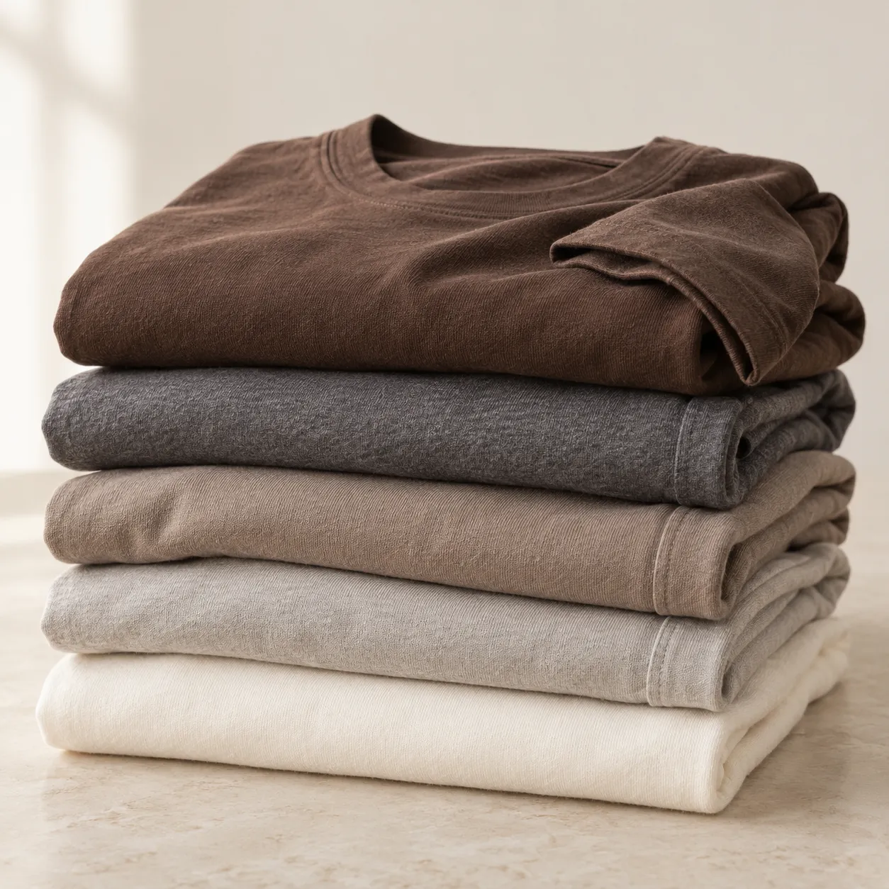 Stack of folded cotton tops in brown, charcoal, taupe, grey and ivory.
