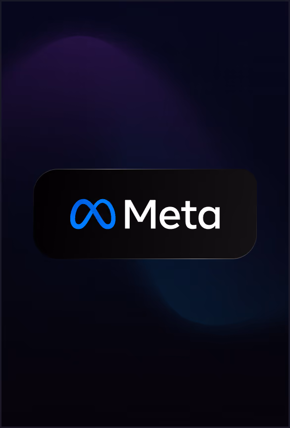 Meta company logo with blue infinity symbol on a dark gradient background.
