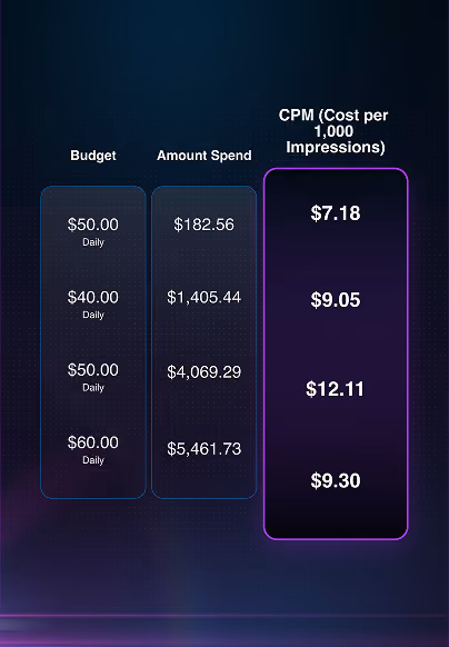 Table showing daily budget, amount spent, and CPM for four different ad campaigns.