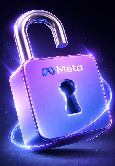 Purple and blue glowing unlocked padlock with Meta logo on a dark background.