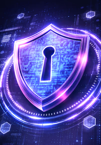 Glowing purple and blue digital shield with a keyhole symbolizing cybersecurity protection.