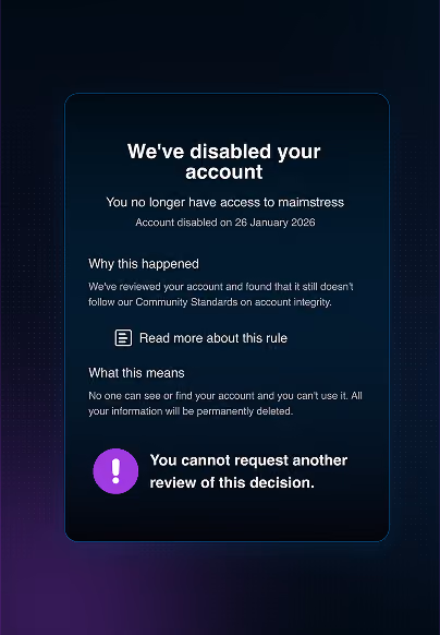 Notification stating an account was disabled on January 26, 2026, for violating Community Standards.