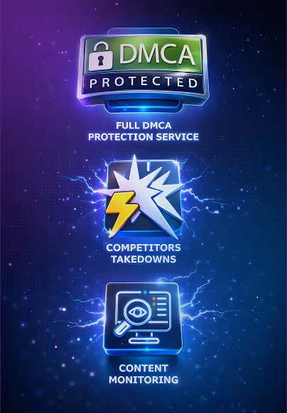 Graphic showing DMCA protection, competitors takedowns, and content monitoring services with icons.